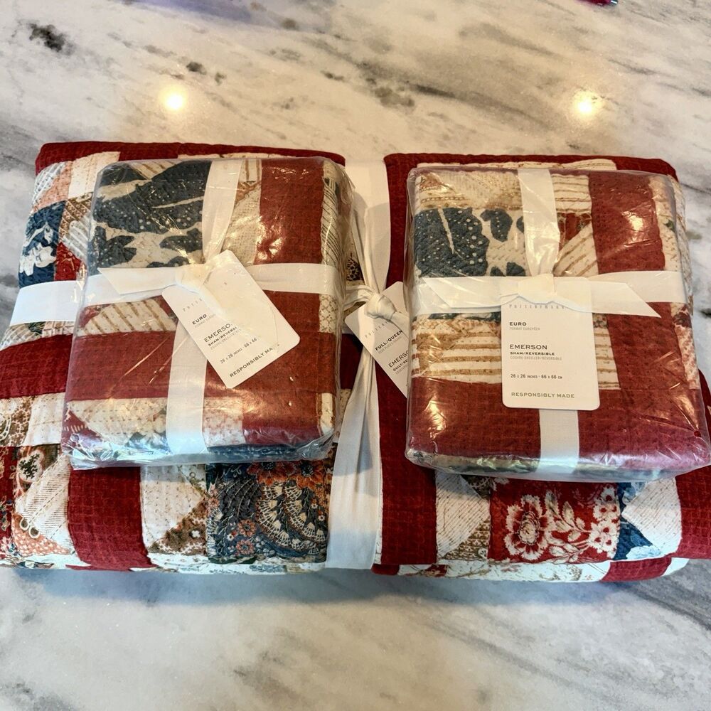NWT Pottery Barn Emerson Quilt Full/Queen W/ 2 Euro Shams Red Country Cottage